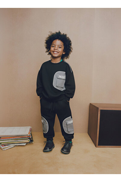 Magu Erkek Çocuk Pamuklu Siyah Gri Cepli Paris Yazılı Eşofman Takımı - Modern İki Parça Set