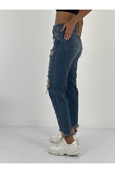 Miss Poem Women's Stone Detailed Navy Blue Denim Jeans