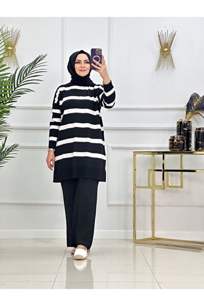 Valens Butik Thin Knit Fabric Striped Tunic and Pants Reyyan Two-Piece Hijab Set