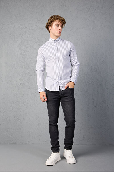 jack carisma Grey-White Striped Cotton Lycra Slim Fit Men's Shirt