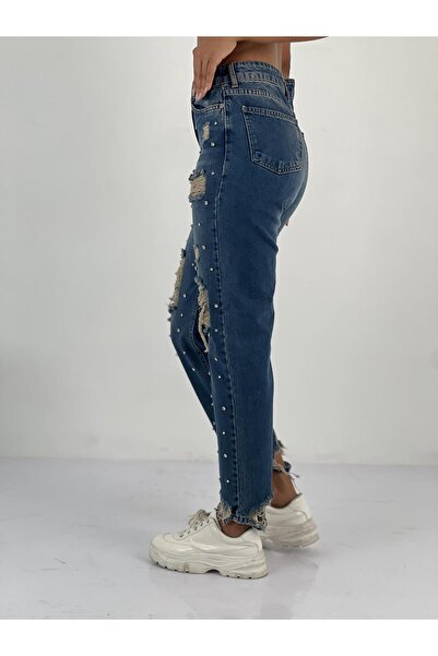 Miss Poem Women's Stone Detailed Navy Blue Denim Jeans