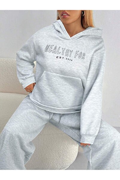 LEONE KOLEKSİYON Women's Gray Hooded Two Thread Suit – High Waist Comfortable Fit