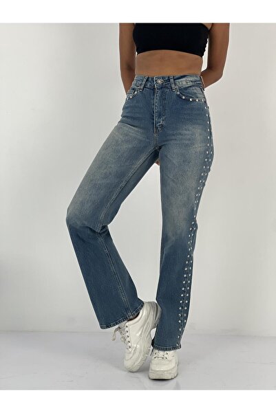 Miss Poem Women's Straight-Leg Blue Jeans with Stone Detail on the Sides