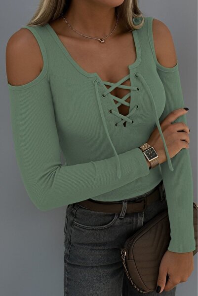 JANES Bluză tricotaj cu striații pentru femei, cu mâneci lungi, cu șireturi, ...