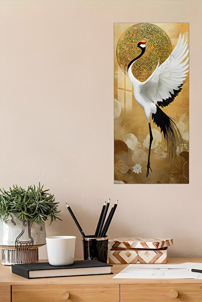 kutuTR Altın Turna Kuşu Temalı Temperli Cam Dik Tablo 30x60 cm Ebadında UV Ba...