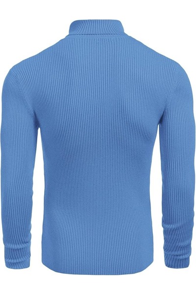 VASK Pulover tricotat albastru pentru bărbați slim fit – basic modele elastice de iarnă