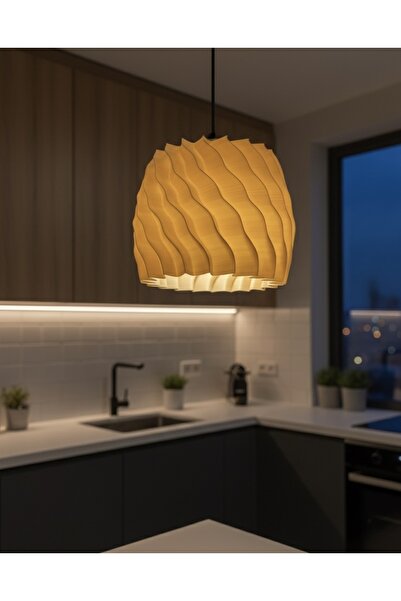 MCY DEKOR WAVE - Dalgalı Modern Ahşap Görünümlü Sarkıt Avize / Lamba - Sarı