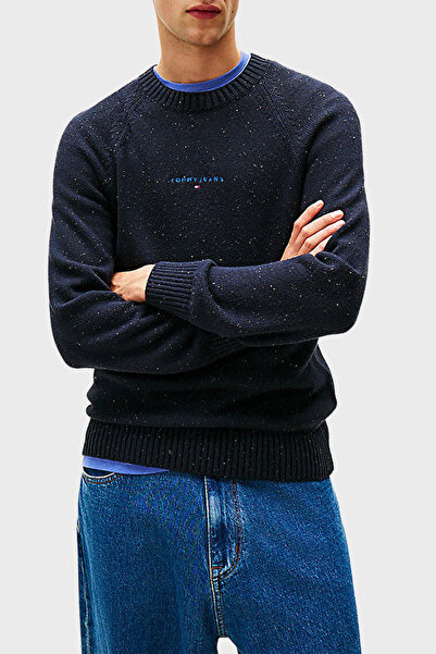 Tommy Jeans Pamuk Karışımlı Slim Fit Bisiklet Yaka Logo İşlemeli Kazak Erkek ...