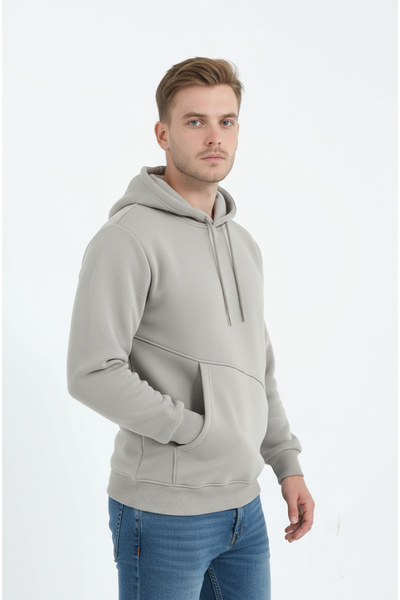 Sizce Moda Stone Color Men's Side Pocket Hooded Sweatshirt 3 Thread [Soft Puf...