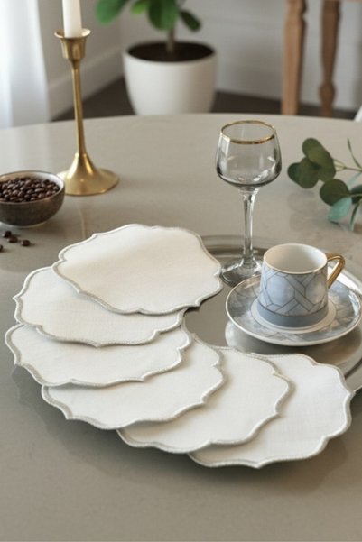 e-Bizz Store Glittery 6 item(s) Linen Fabric Embroidered Coffee Side Serving Cocktail Napkin & Coaster Silver