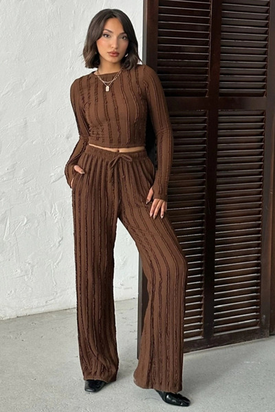 trendalisse Καφέ Winter Premium κοτλέ Σετ μπλούζα με κορδόνια και φαρδύ παντε...