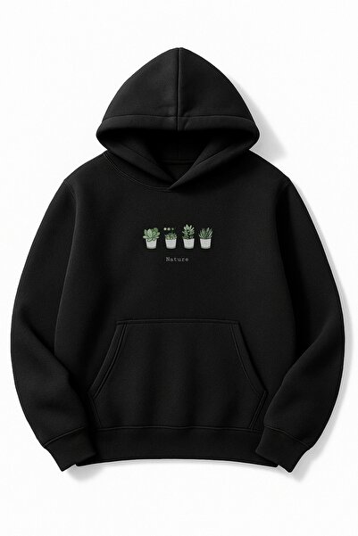 Altair Tr سويت شيرت أسود قصة فضفاضة للجنسين نيتشر مطبوع بغطاء رأس