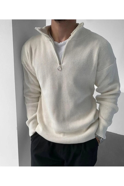 oneoff Men's Corded Fabric Half Zipper Stone Color Collar Detailed Knitwear S...