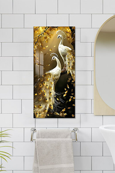 kutuTR Altın Çift Tavus Kuşu Temalı Temperli Cam Dik Tablo 30x60 cm Ebadında ...