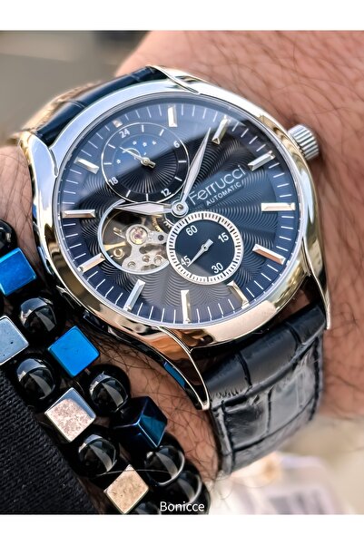 Ferrucci Automatic (Battery-Free) Men's Watch, Navy Blue Leather Band, Comes in a Stylish Box with a Couple Bracelets as a Gift