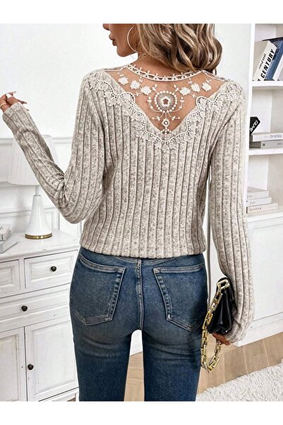 Modayakamoz Kadın Uzun Kollu V Yakalı Arkadan Dantel Detaylı şardonlu Kaşkorse Bluz