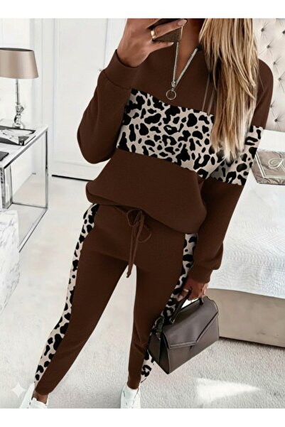 Meleners Women's Long Sleeve Zippered Mixed Pattern Viscose Two Thread Blouse and Pants Two-Piece Set