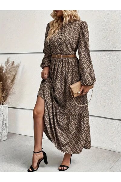 JANES Γυναικείο μακρυμάνικο φόρεμα με κολάρο με κουμπιά χωρίς ζώνη με σχέδιο Maxi Single Jersey