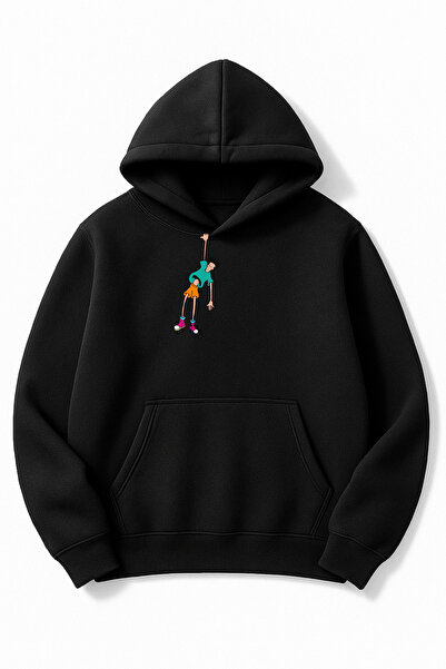 Altair Tr سويت شيرت أسود قصة فضفاضة للجنسين مطبوع بغطاء رأس