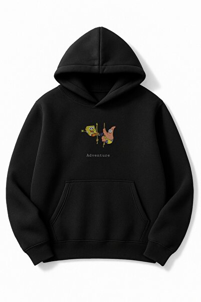 Altair Tr سويت شيرت أسود قصة فضفاضة للجنسين سبونج بوب مطبوع بغطاء رأس