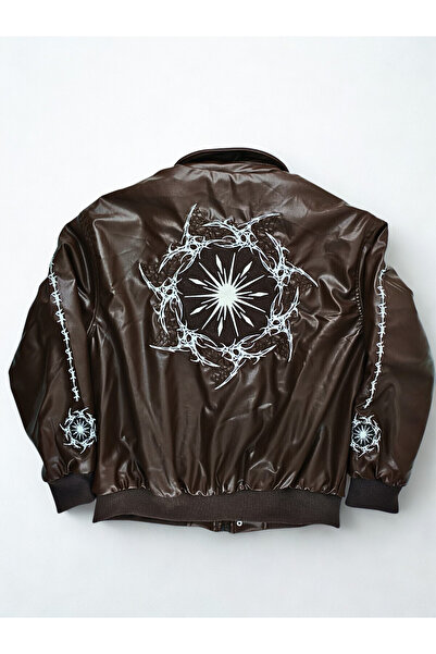 A&O Style Чоловіча коричнева oversize куртка-бомбер зі шкіри з підкладкою та вишивкою Thorn