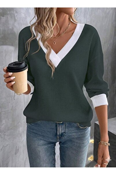 buğrahayalin Women's Long Sleeve V-Neck Waffle Blouse