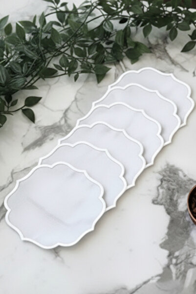 e-Bizz Store 6 Pieces of Linen Fabric with Embroidered Coffee Side Presentation Plate Cocktail Napkins & Coasters White