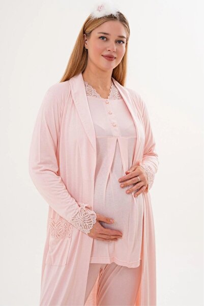 Lohussa Set de pijamale pentru femei, cu guler șal pudrat, cu detaliu din dan...
