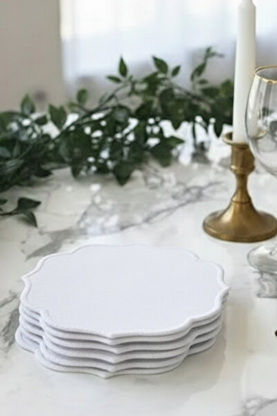 e-Bizz Store 6 Pieces of Linen Fabric with Embroidered Coffee Side Presentation Plate Cocktail Napkins & Coasters White