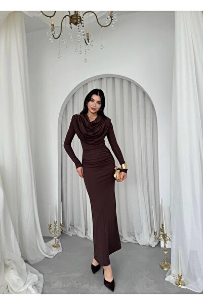 Monapera Crimson Yakası Drapeli Uzun Kollu Maxi Boy Elbise