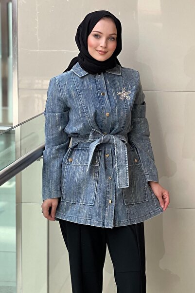 Nuss Stone Embroidered Front Snap Button Belted Denim Cap