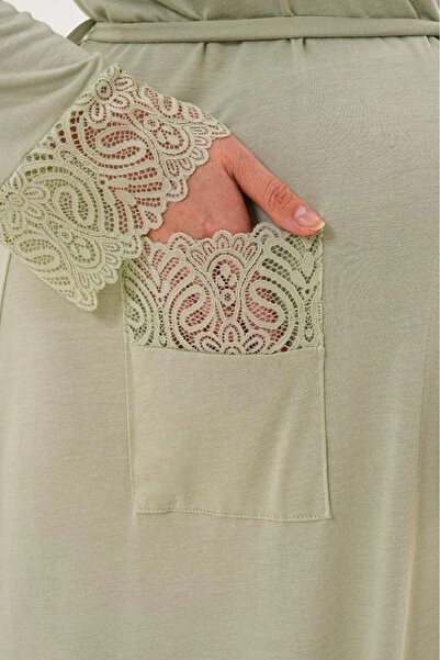 Lohussa Women's Green Shawl Collar Pocketed Belted Special Design Lace Detailed Cotton Stretchy Dressing Gown