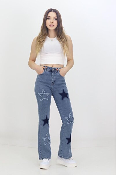 The Velavois Pantaloni de damă evazat din denim cu detalii 6 stele