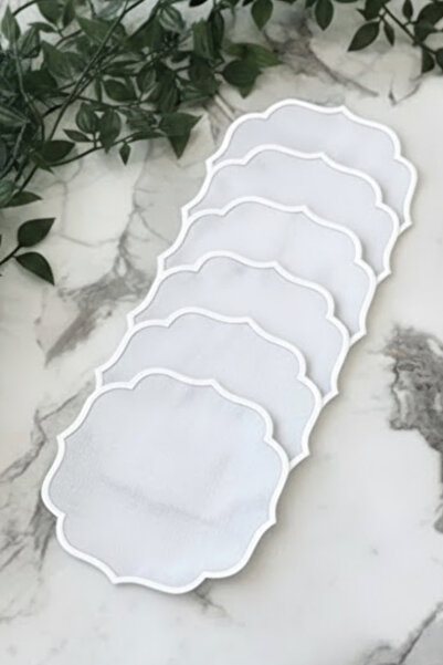 e-Bizz Store 6 Pieces of Linen Fabric with Embroidered Coffee Side Presentation Plate Cocktail Napkins & Coasters White