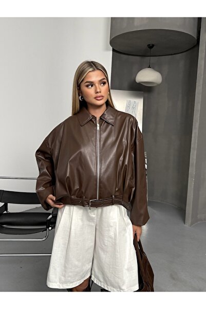 CELITA معطف نسائي مبطن بسحاب وحزام جلدي عند الخصر