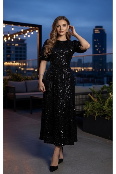 Bersi Butik Rochie neagră cu paiete lungime midi