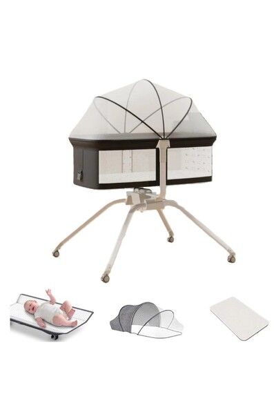 Kardett Pătuț negru pentru bebeluși, pliabil, 4 în 1, co-sleeping, cu saltea, plasă de țânțari și masă de înfășat