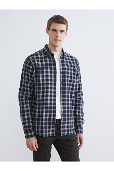 LC Waikiki Cămașă pentru bărbați în carouri cu mânecă lungă, albastru bleumarin