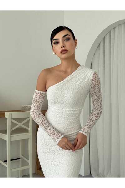 Masspera Bees Tek Omzu Açık Dantel Midi Elbise