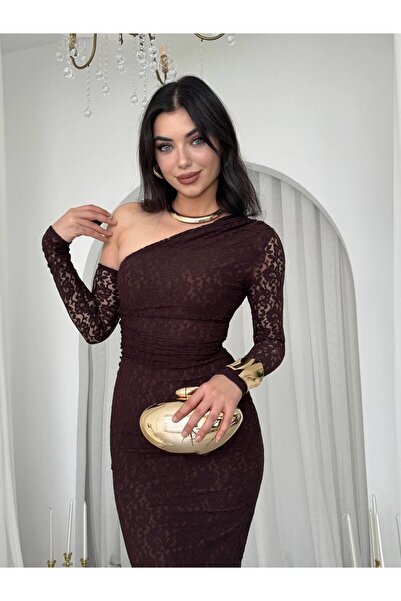 Masspera Bees Tek Omzu Açık Dantel Midi Elbise