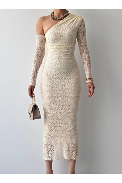 Mostpera Bees Tek Omzu Açık Dantel Midi Elbise