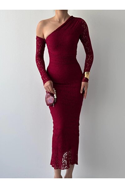 Monapera Bees Tek Omzu Açık Dantel Midi Elbise