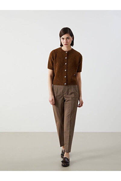 LC Waikiki Καφέ ψηλόμεσο καρό γυναικείο παντελόνι με κομμένο καρότο