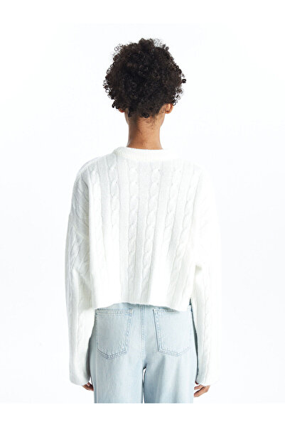 LC Waikiki Ecru Crop Damen-Strickpullover – Rundhalsausschnitt, lange Ärmel