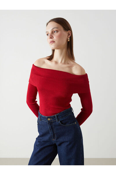 LC Waikiki LCW Vision Kırmızı Kayık Yaka Düz Uzun Kollu Kadın Triko Kazak