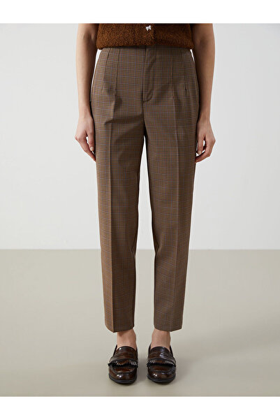 LC Waikiki Καφέ ψηλόμεσο καρό γυναικείο παντελόνι με κομμένο καρότο