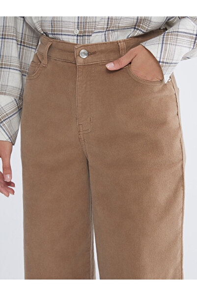 LC Waikiki Kahverengi Yüksek Bel Kadife Kadın Pantolon