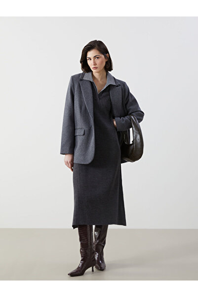 LC Waikiki Gri Gömlek Yaka Kadın Triko Elbise