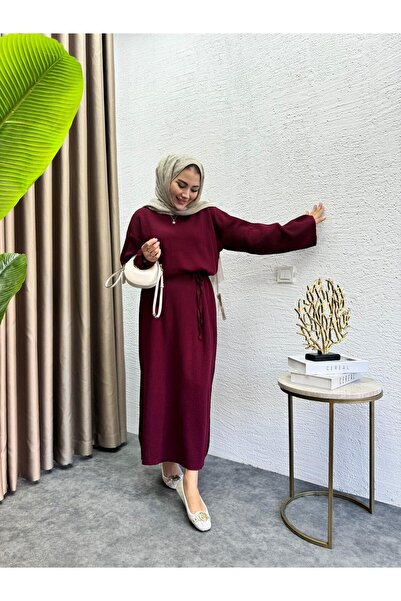 MEYSADESİGN Sara Kemerli Triko Elbise Bordo