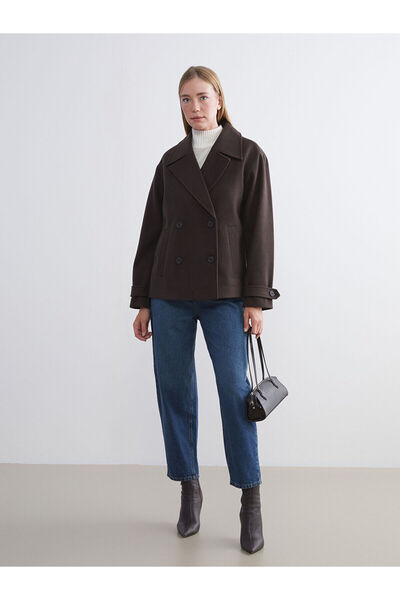 LC Waikiki Kahverengi Kruvaze Yaka Kadın Kaşe Kaban